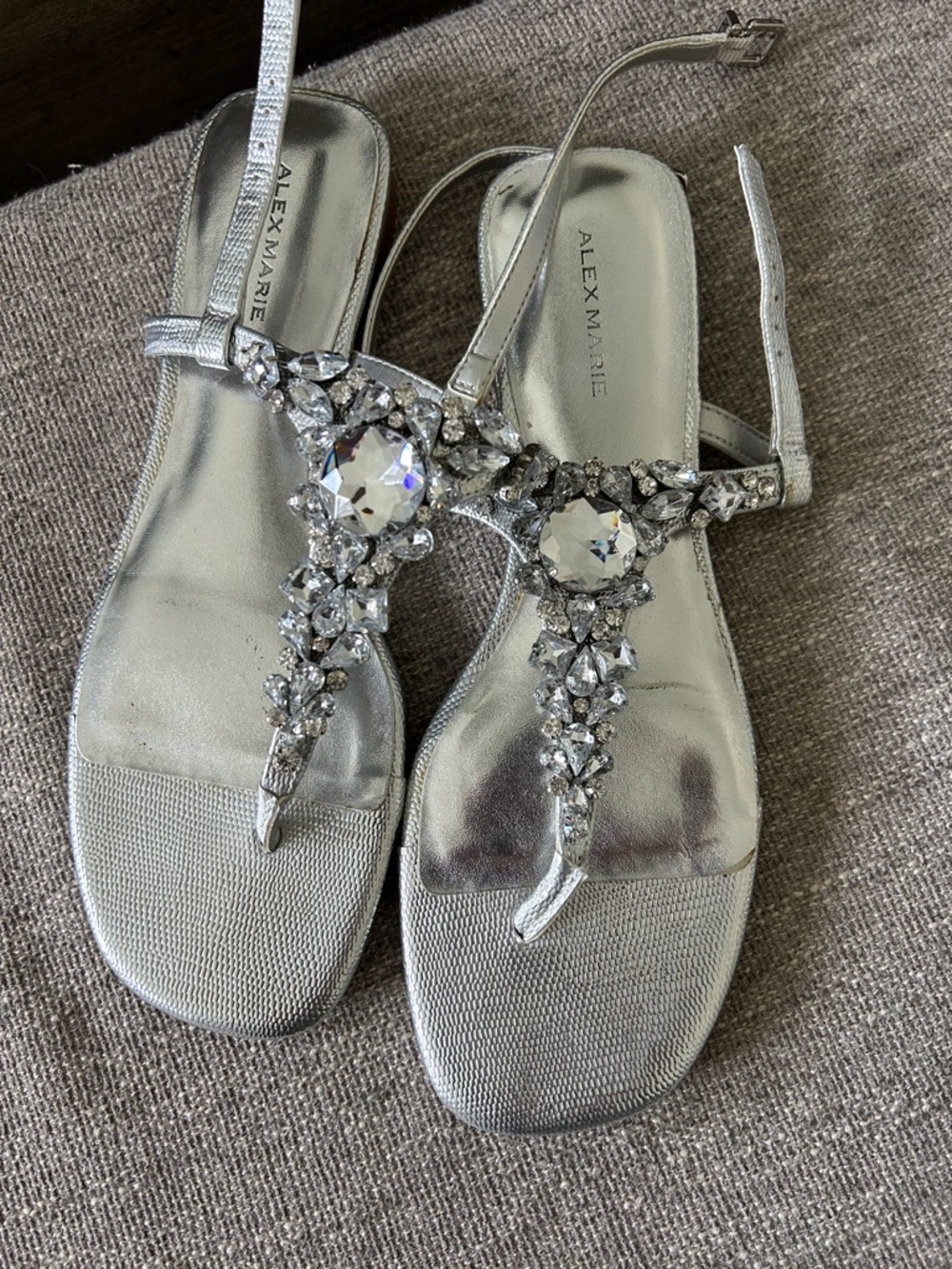 Alex Marie Silver Jeweled T-Strap Sandals